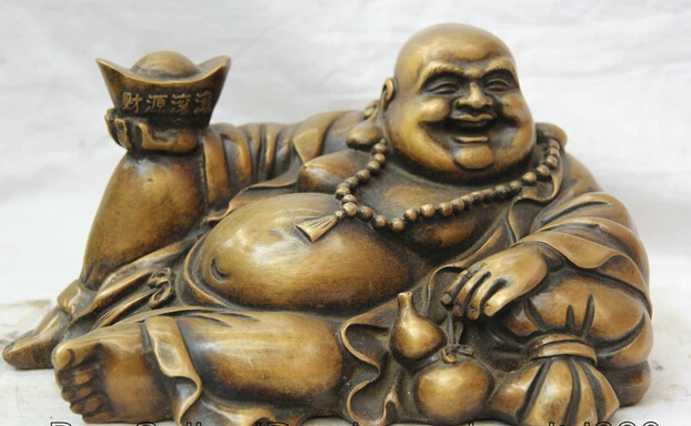 

dr524 9" Chinese Copper Buddhism Happy Laugh Maitreya Buddha Yuan Bao cucurbit Statue