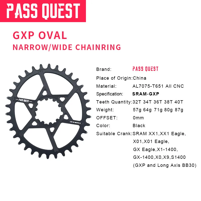 PASS QUEST GXP круглый Овальный 0 мм смещение 32 T-42 T Chainring MTB узкий широкий велосипед велосипедная Звездочка для Sram XX1 GX eagle X9 crankset