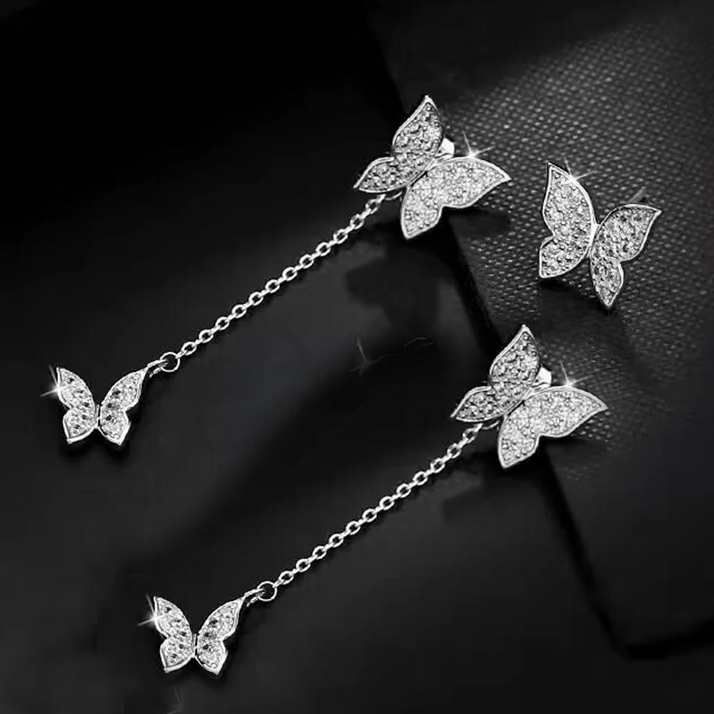 

New AAA Cubic Zircon CZ Butterfly Long Earrings Ear Jacket Silver Color Double Butterfly Stud Earrings For Women Wedding jewelry