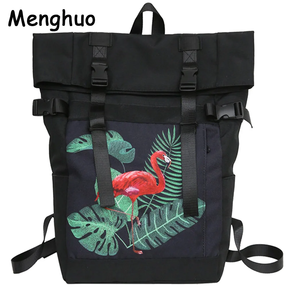 

Menghuo Brand Flamingo Cartoon Printing Women Backpack Stitching Floral Casual Daily Travel Bag Teenagers School Bag Mochilas
