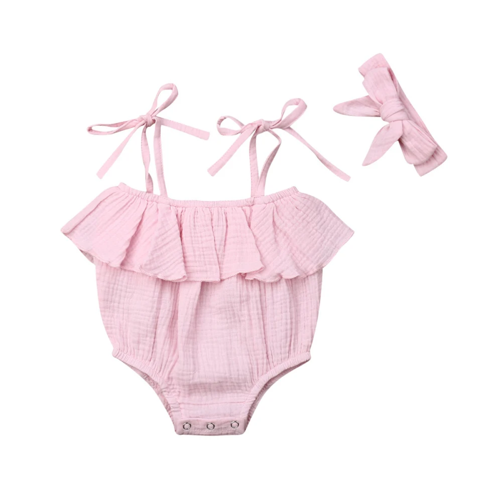Детская летняя одежда для новорожденных маленьких девочек Комбинезон на бретельках Твердые Хлопок боди повязка 2 шт. Раффлед наряды одежда