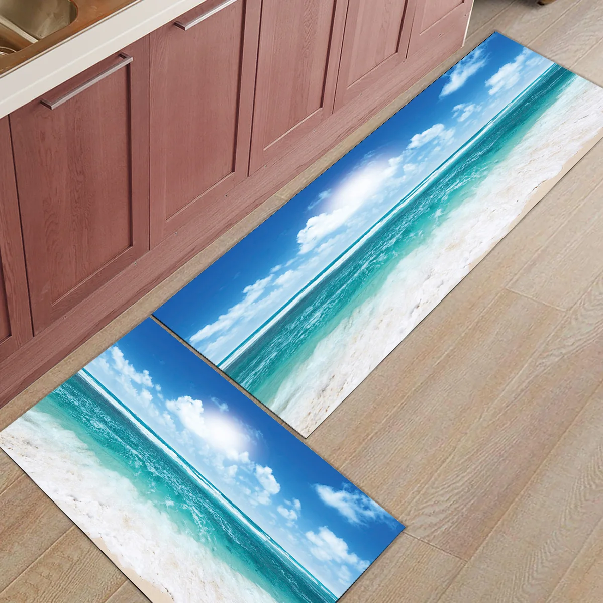 Солнечный пляж; морские волны под питомцем миска для воды еды загрузки скребок для обуви аксессуары наборы Пол Ковры Персонализированные Бегуны