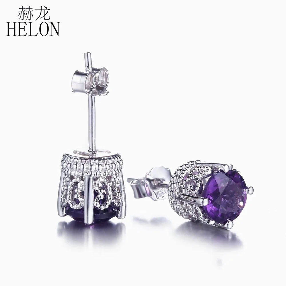 

HELON Solid 10K White Gold Engagement Wedding Stud Earrings for Women Art Deco 6.5mm Round Amethyst Earrings Romantic Jewelry