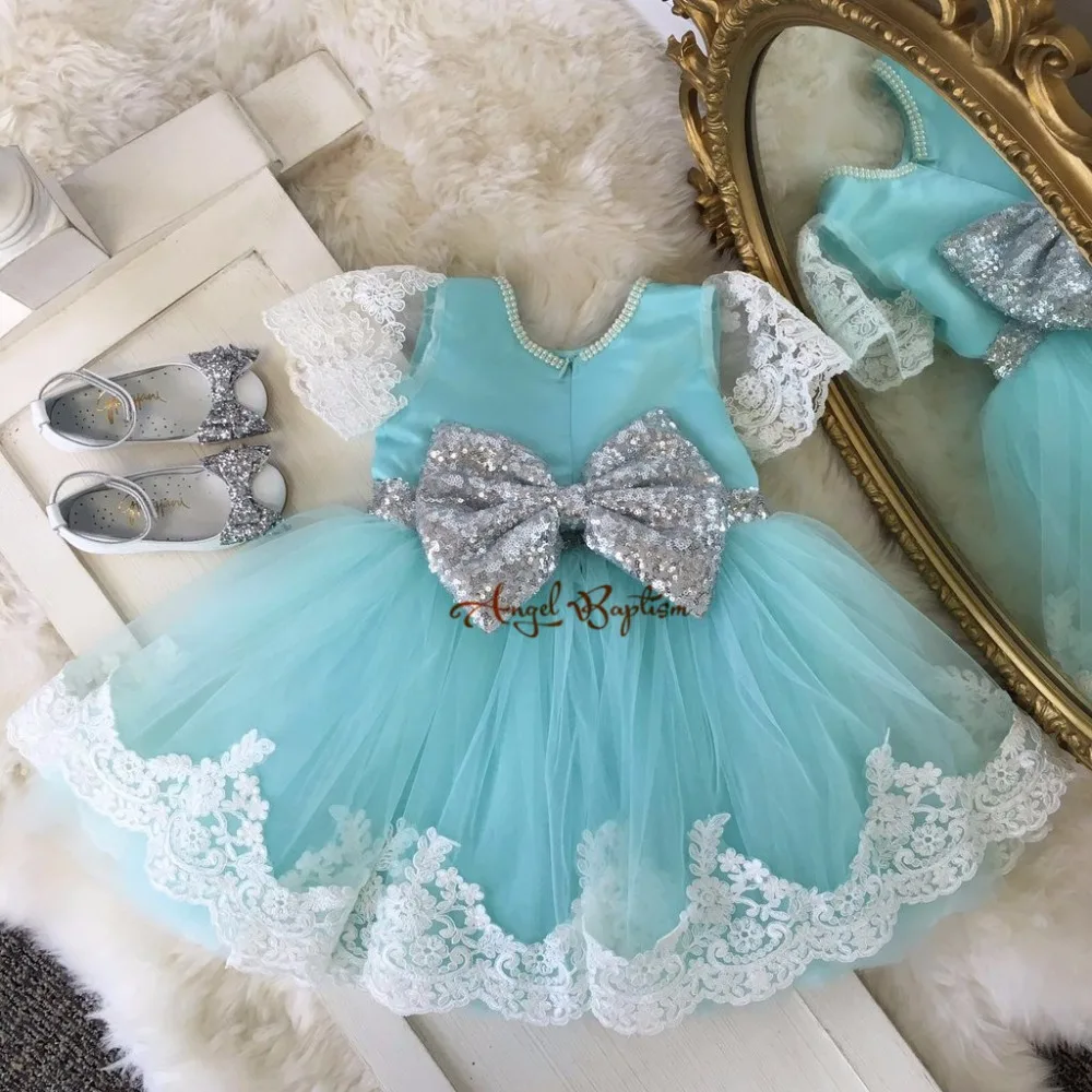 Cute Mint flower girl dresses baby short 1st birthday pearls lace toddler dress sequin princess gown with bow for party prom