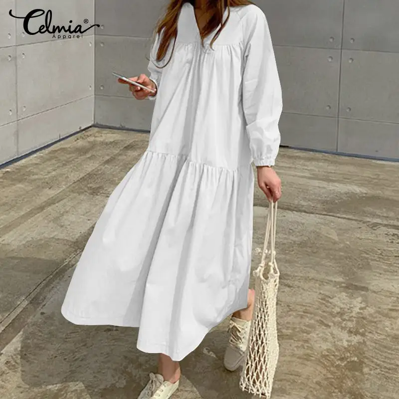 

Casual Long Sleeve Solid Maxi Dress Plus Size Celmia 2019 Autumn Loose Sexy V-neck Pleated Ruffles Dress Robe Vestidos Oversized