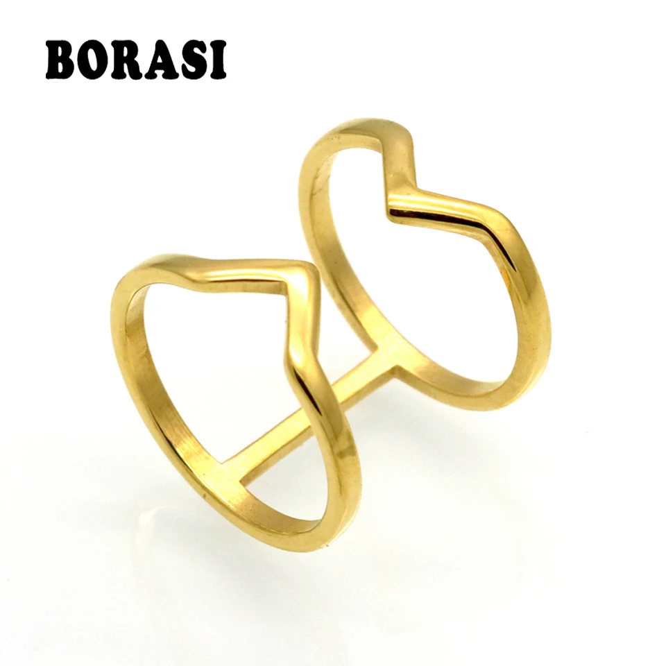 BORASI модные золотые ювелирные изделия из нержавеющей стали двойные V полые кольца Bague 18 мм широкое модное кольцо для женщин Anillos
