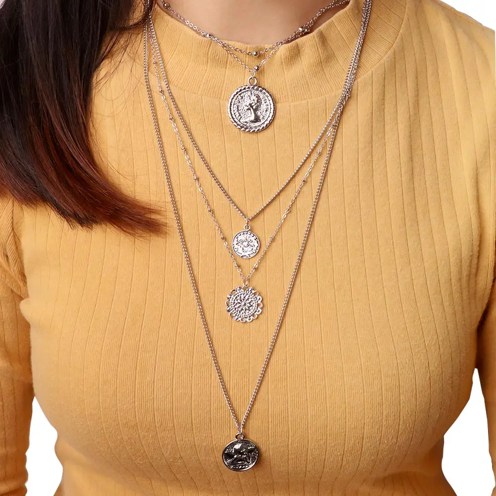 

Multi Layer Long Adjustable Chain Pendant Choker Necklace Fashion Coin Rune Queen Jewelry Female Women Gift