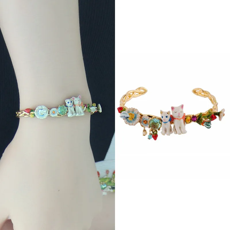 

Enamel Glaze Cats Flowers Butterfly Bracelet Bangles For Women Luxury Elegant Charms Bracelet Party Jewelry