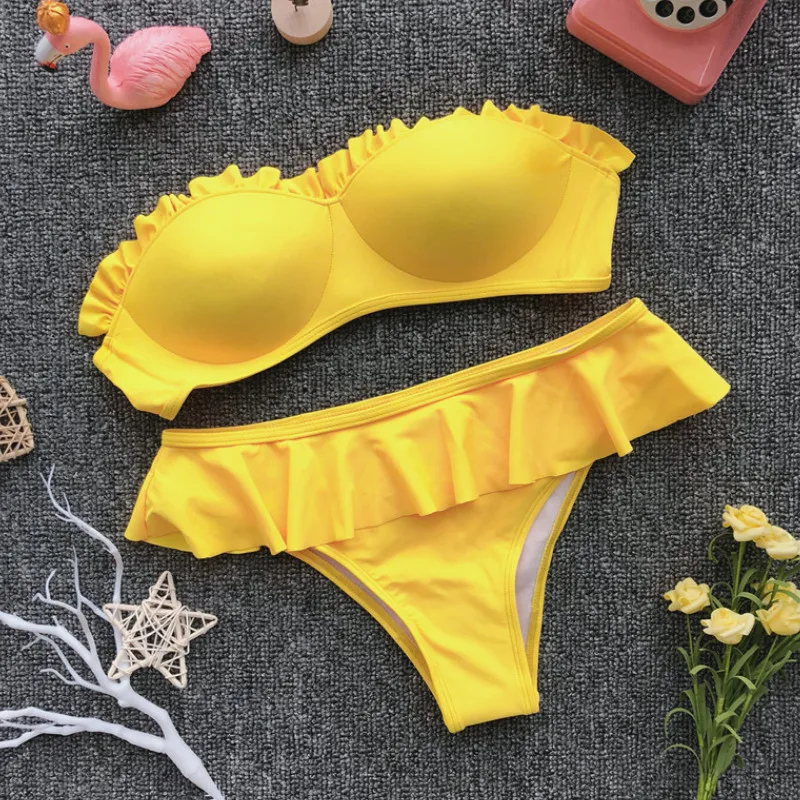 

Womens Sexy Summer Bikini Push-up Padded Bra Ruffle Solid Color High Waist Thong Swimsuit Bathing Swimwear Triangle Strapless