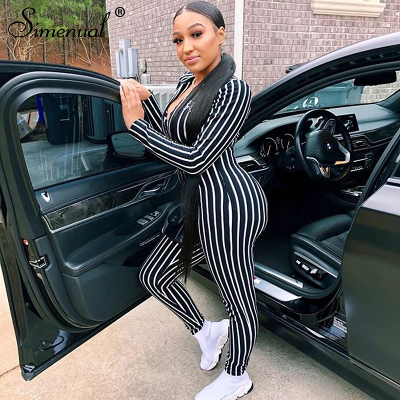 Simenual Fitness Tight Striped Long Sleeve Jumpsuit Female