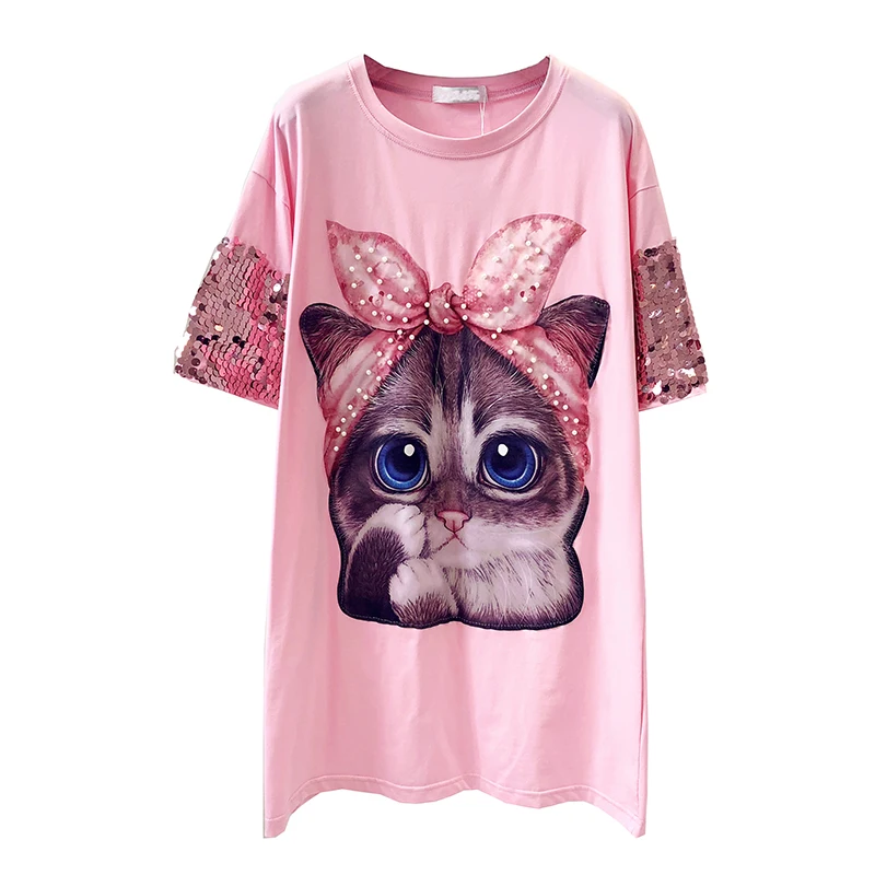 

Beading cartoon long print t shirt women summer tops 2018 sequined short sleeve 2colors