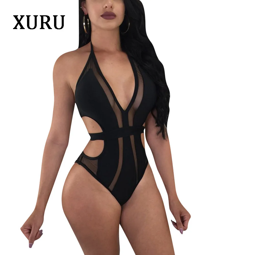 green bodysuit XURU Women Beach Bodysuits Blue Black See Through Mesh Hollow Out Lace Up Rompers Sexy Bodysuits Nightclub Wear Halter Bodysuit crotchless bodysuit Bodysuits