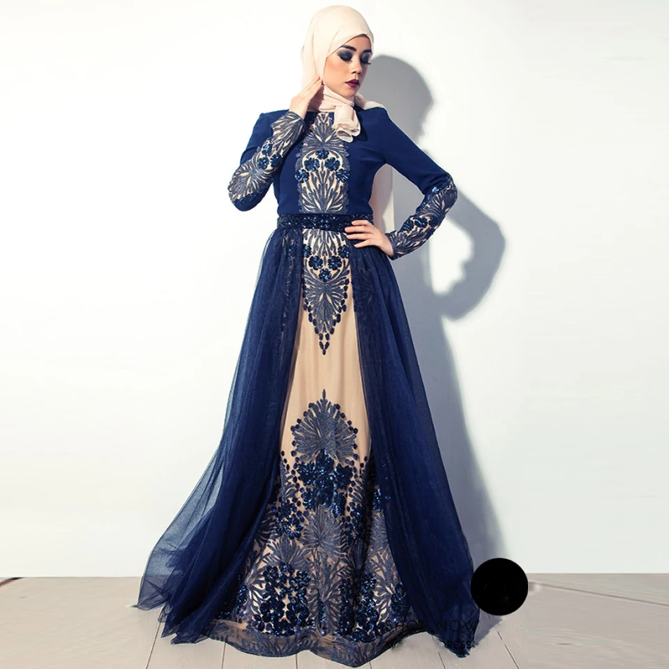 Navy Blue Muslim Evening Dresses 2017 In Dubai Arabic 
