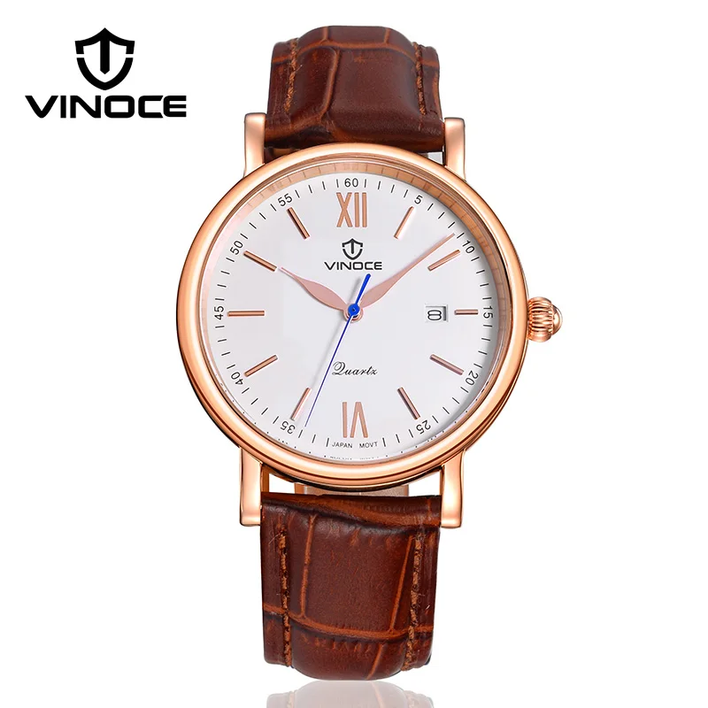 VINOCE Топ Бренд роскошные классические кварцевые часы для мужчин Relogio Masculino бизнес мужские наручные часы с календарем Montre Homme V8388G - Цвет: White brown