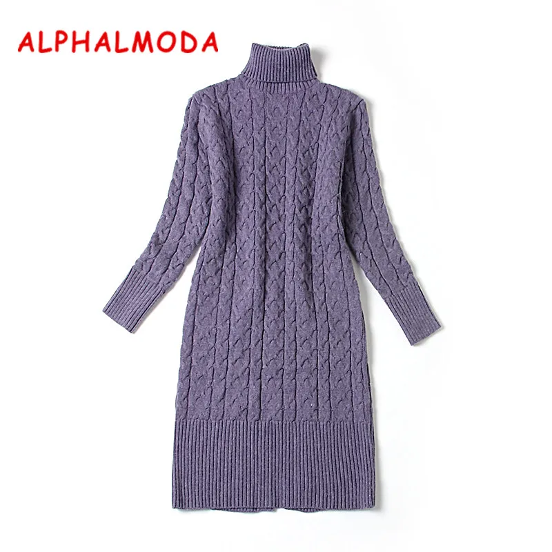 

ALPHALMODA 2017 Winter Ladies Turtleneck Rabbit Fur Thickened Warm Twisted Dress with Back Slit Sexy Vestidos 4colors