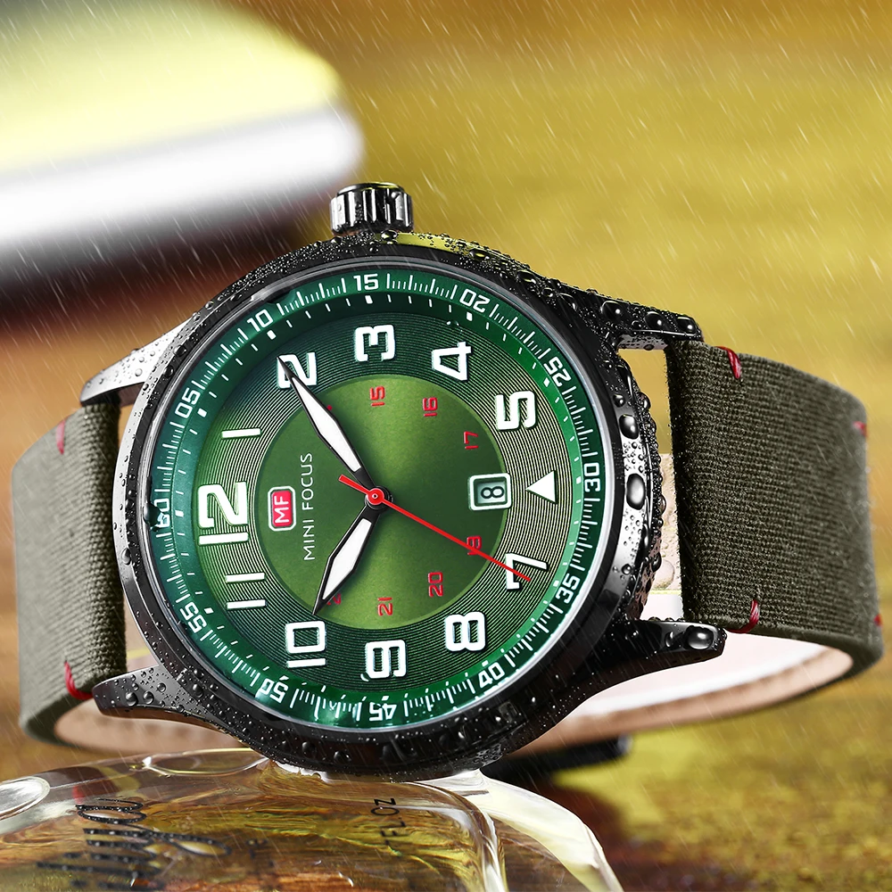 

MINI FOCUS Sport Casual Mens Watches Quartz Analog Clock Olive Green Nylon Strap 3D Index Design Calendar Display Wristwatches