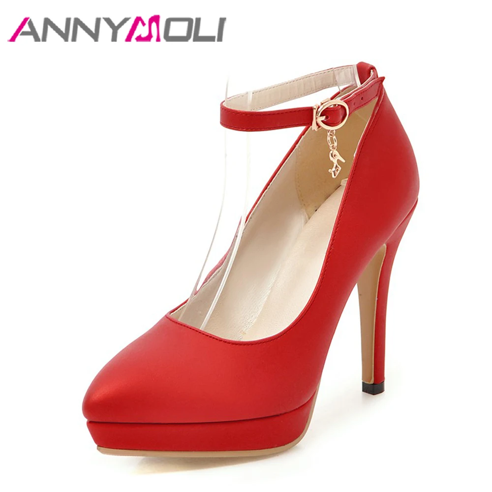 

ANNYMOLI Women Pumps Platform High Heels Bridal Shoes Pointed Toe Stiletto Party Shoes Buckle 2018 Spring Red Large Size 33-43
