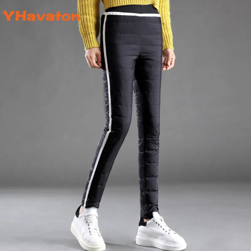 

2019 New Autumn Winter Fashion Warm White Duck Down Pants Women Elastic Waist Spliced Trousers Casual Panelled Pencil Pant