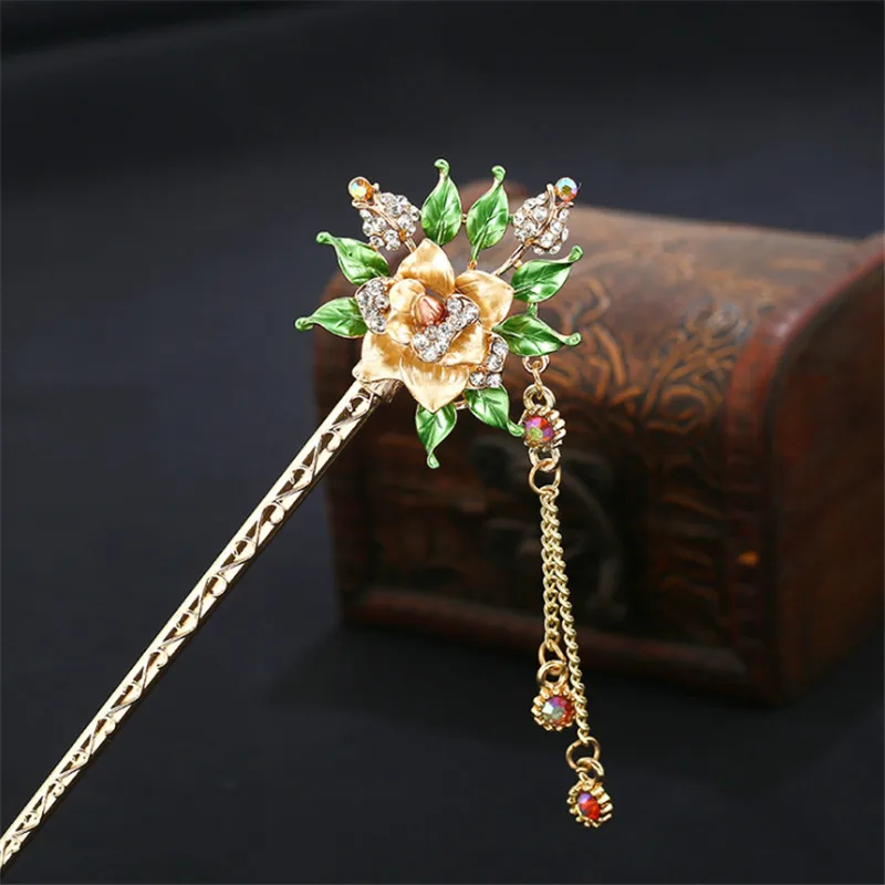 

Beauty Women Handmade Colorful Enamel Rose Flowers Hairpin Rhinestone Crystal Hair Sticks Pin Girls Chinese Style Hair Jewelry