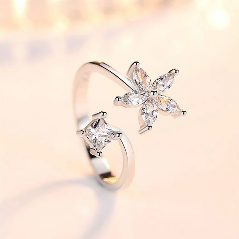 

New Simple 925 Silver White Zircon Square Cute Star Flower Open Ring for Women Lady Resizable Ring Tail Ring Jewelry ACC RJ157