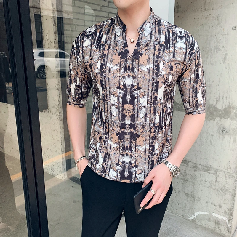 

New Shredded Half-sleeve Shirt for Summer 2019 Loose Cat Printed Short-sleeve Shirt for Men 2122-P55