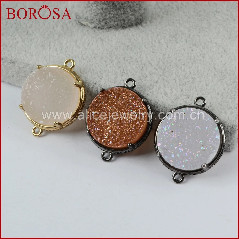 Borosa Drusy Кристалл Разъем для Для женщин 15 мм круглый Черное золото Цвет зубец Набор