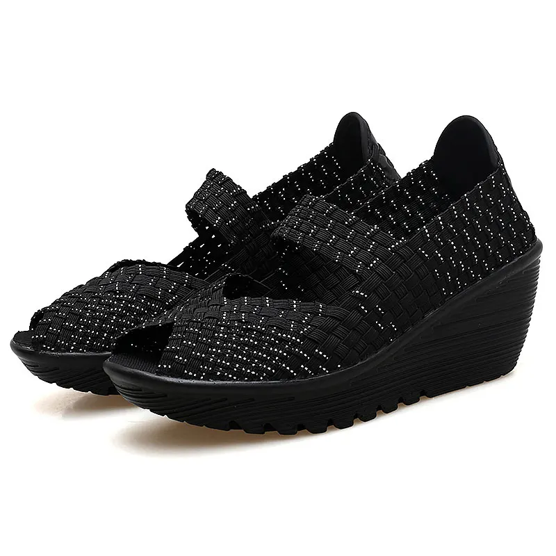 BeckyWalk/летние женские босоножки на платформе; женская обувь с открытым носком; плетеная пластиковая обувь на танкетке; женские босоножки ручной работы с вырезами; WSH2899 - Цвет: Black Silver