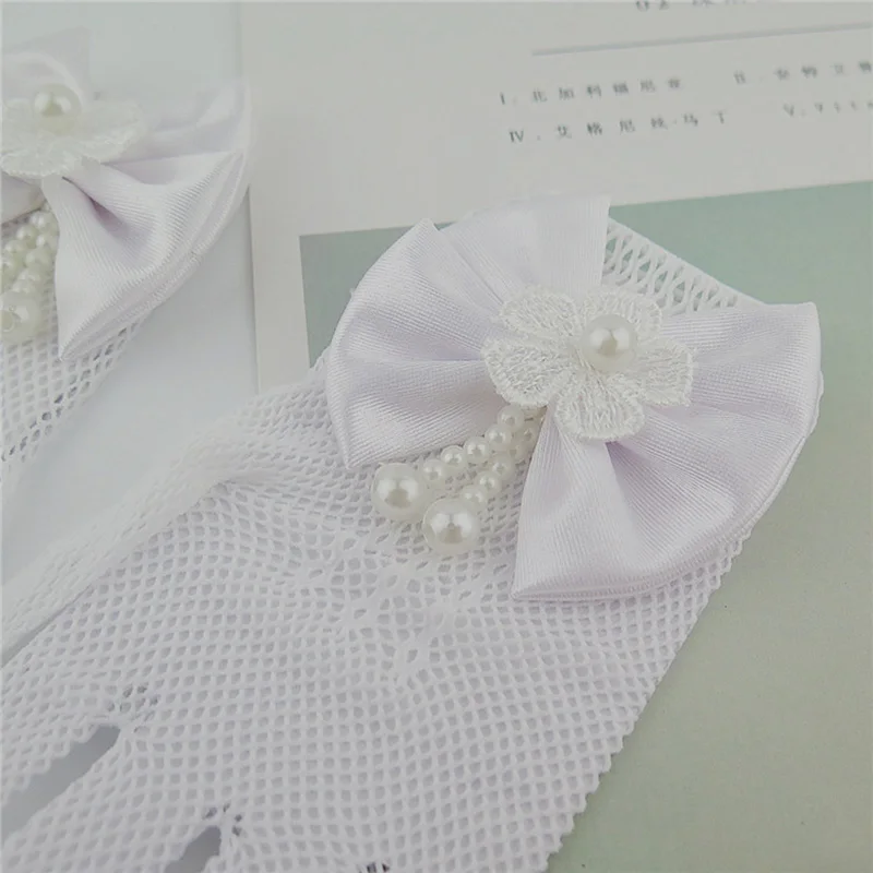 Kids Gift White Elastic Mesh Cloth Girls Party Formal Etiquette Gloves Pearl Short Lace Bow Children Princess Dance Gloves G81