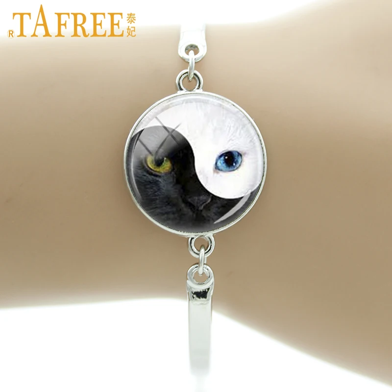 

TAFREE Novelty Yin Yang black white Cat Face bracelet vintage fashion Tai animal jewelry Cat Kitty women bracelets BA092
