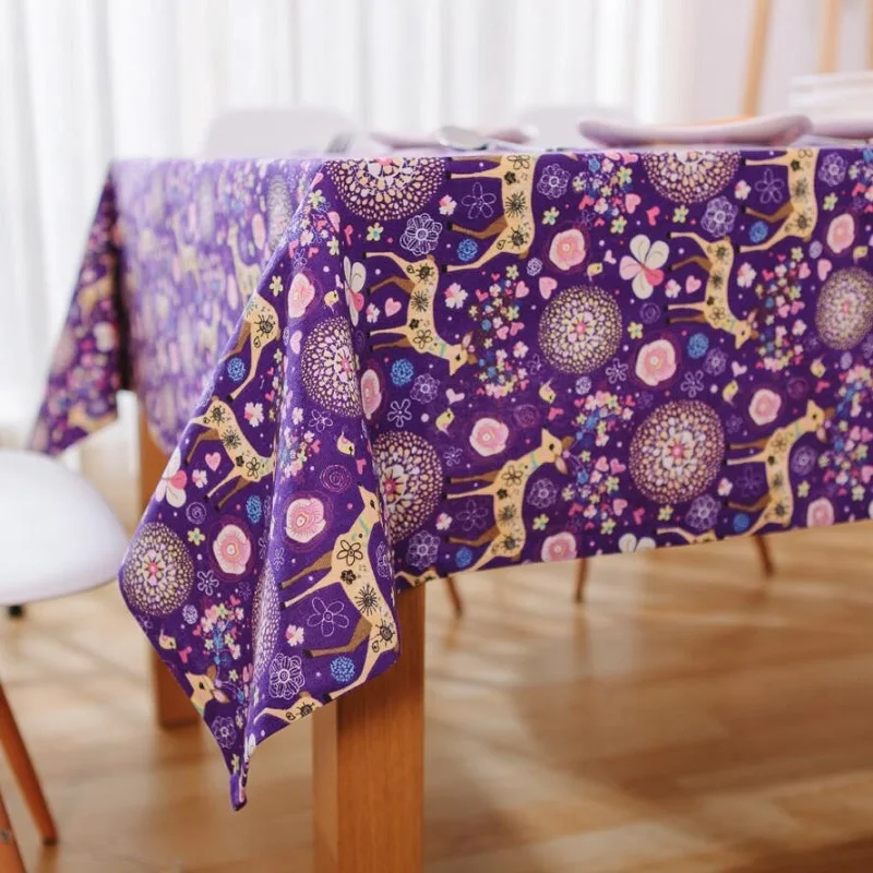 Cotton & Linen rectangular table cloth pastoral purple deer printed dining table cover for