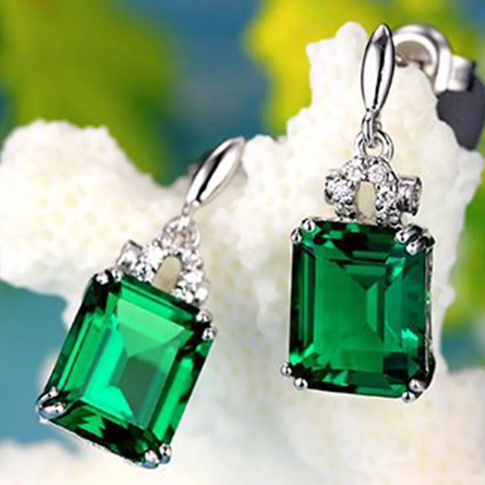 Square Created Emerald Alloy Copper Stud Earrings Fashion Jewelry For