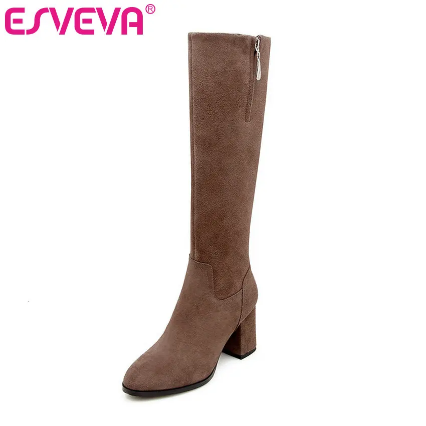 

ESVEVA 2020 Shoes Women Knee-high Boots Square High Heel Western Style Pointed Toe Elegant Boots Shoes Size 34-39 Winter Boots