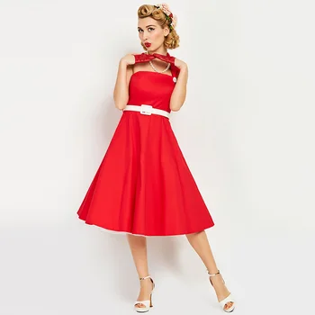 

Vogue Nice1841s Mid Calf Solid Red Dress Women Sexy Pop Summer Dress One Shoulder Strapless Pin Up Rockabilly Retro Dresses