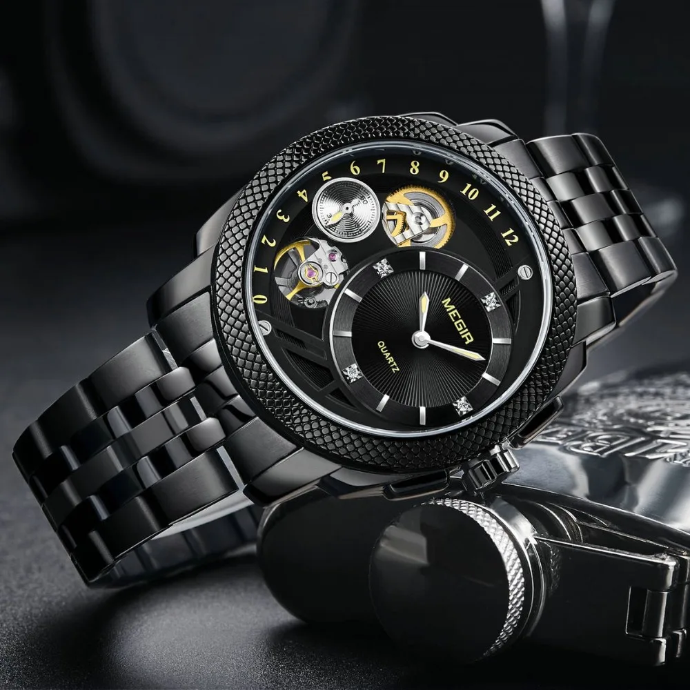 

MEGIR Top Brand Luxury Quartz Watch Men Stainless Steel Strap Crystal Decoration Skeleton Dial Wristwatches 2019 New Fashion