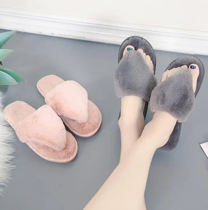 Women Slippers Winter Shoes Flat Sweet Slippers Woman Indoor Shoes Fur Warm Soft Slip On Black Pink Grey Female Slipper dd055