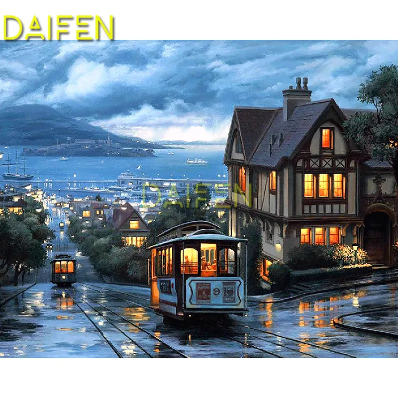 

Full Round Diamond mosaic Full Square Diamond painting Cross stitch tram in the city house sea 5D DIY Diamond embroidery