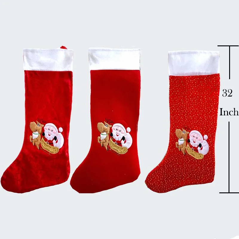 

82cm/ 32 Inch length gold velvet large christmas stockings with santa claus and reindeer pattern xmas gift bags santa claus bag