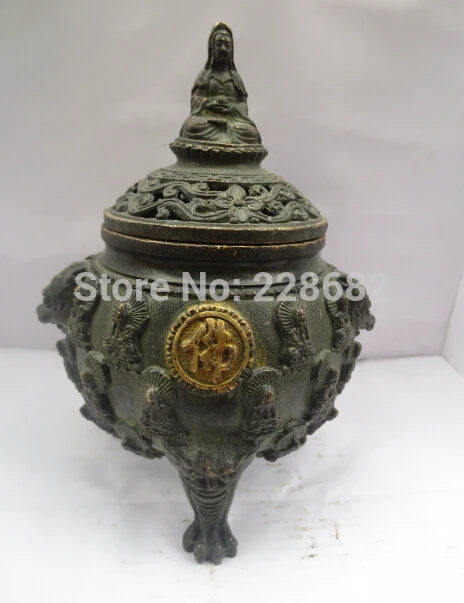 

Collectible Chinese Old Bronze Carved buddha incense burner buddha Lid Chinese Censer fast Shipping