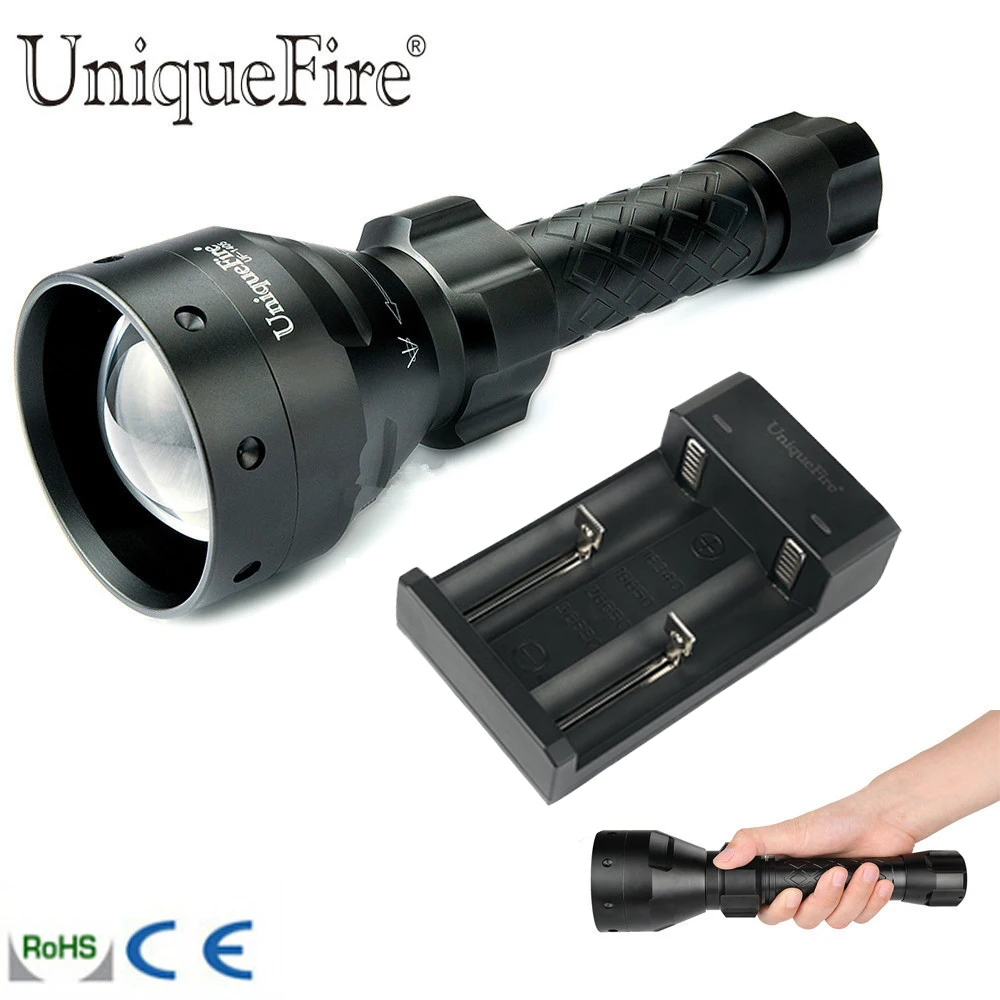 

UniqueFire 1405 Zoomable XRE Rechargeable LED Flashlight 67mm Convex Lens 3 Modes Torch +Two Slot Charger For Hunting Outdoor
