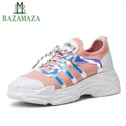 RAZAMAZA плюс Размеры 29-46 женские блестящие женские туфли на плоской подошве кроссовки с поперечным Ремешком повседневная женская обувь