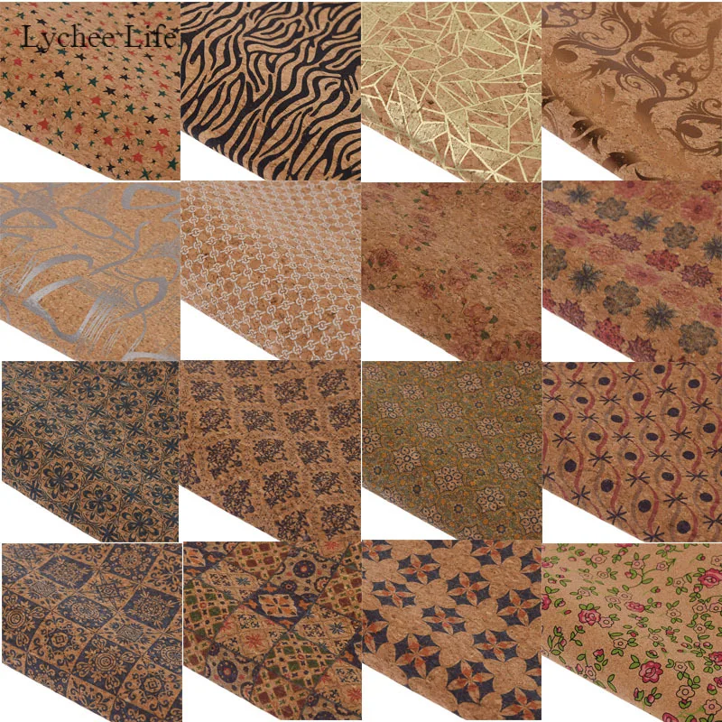 

Lychee Life 16 Styles Vintage Star Flower Printed Synthetic Leather Fabric Soft Cork Sewing Leather For Bags Garment Diy Crafts