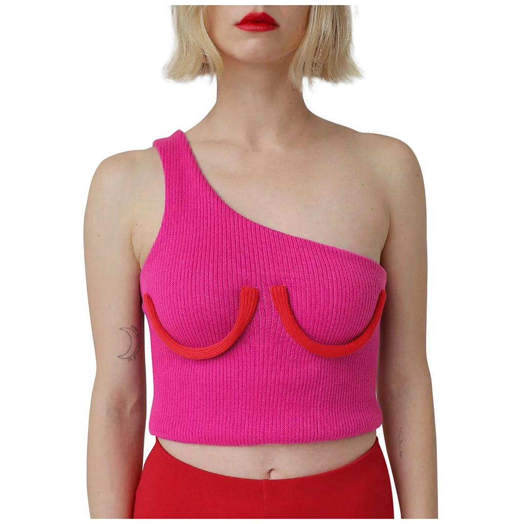 

Women Lady Female One Shoulder Slim Tops Sleeveless T-Shirt Tops Summer Beach Vest Bare Midriff Summer Fashion Funny Clothes