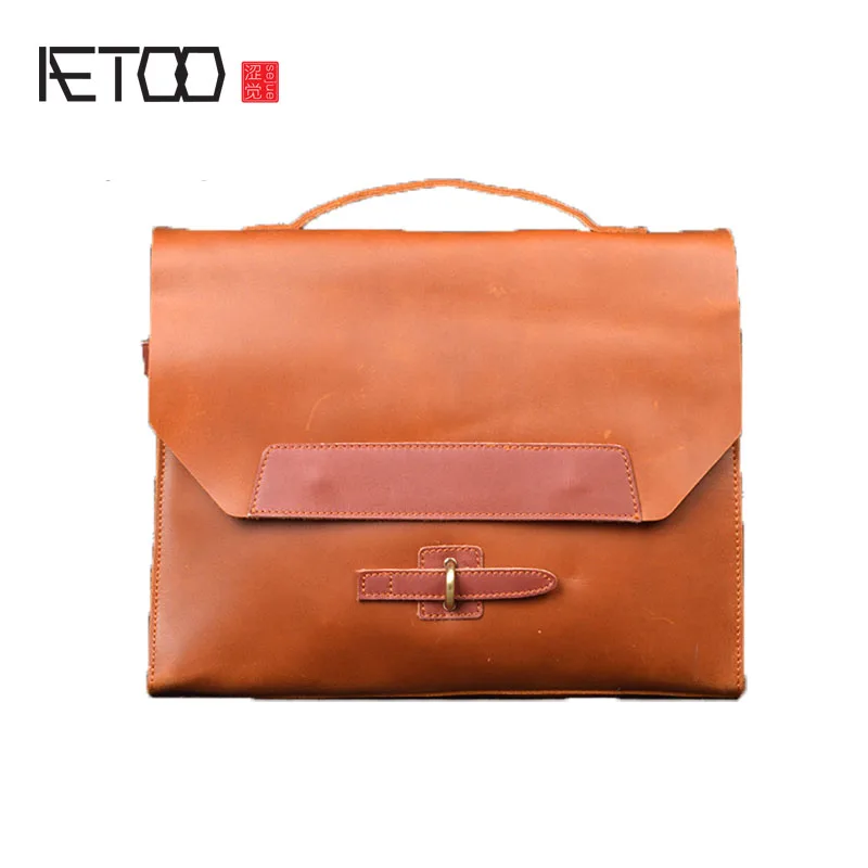 

AETOO New men's first-class cowhide handbag ladies shoulder diagonal cross-bag mad horse A4 bag