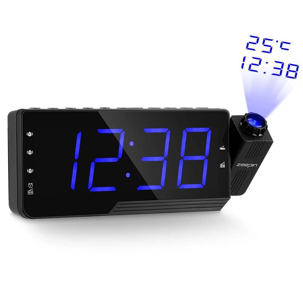 

Digital Alarm Clock Projection Clock with Time Temperature Projection Triple Alarm FM Radio 3 Dimmers Snooze Setting Sleep Timer
