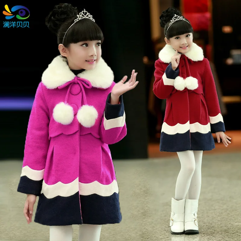 Children's clothing female child autumn and winter wool woolen trench outerwear child medium-long  slim fur collar overcoat