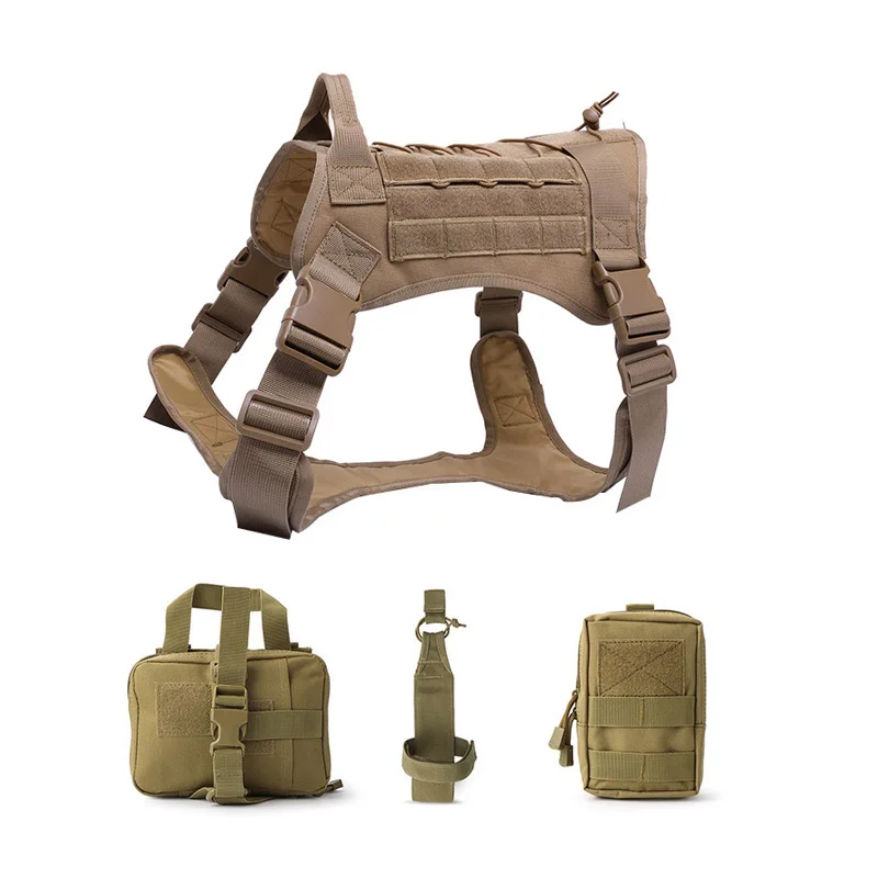 Военный тактический жилет для собак, модульный жилет для собак, армейский охотничий жилет для собак с мешками, сумка для переноски бутылок с водой - Цвет: tan  set