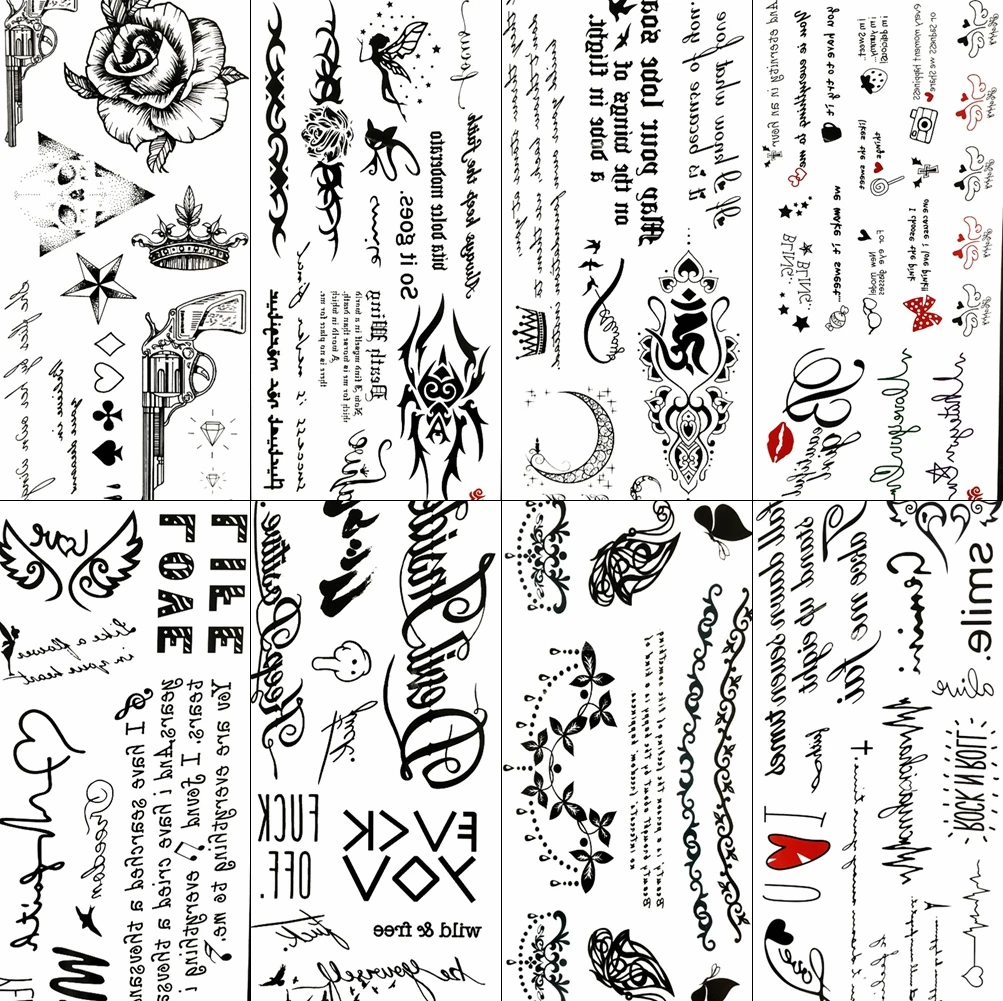 

Children Temporary Tattoo Stickers Waterproof Fake Small Kawaii Body Art Flower Black Words Fonts Letter Quotes Kids Tatoos