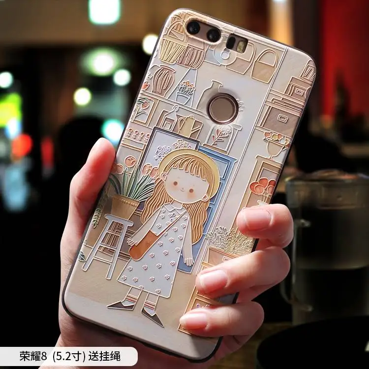 

Hong Kong Retro street small girl sketch oil painting embossed Relief case For Huawei Honor 10 cover Honor V10 case V9 9 lite 8