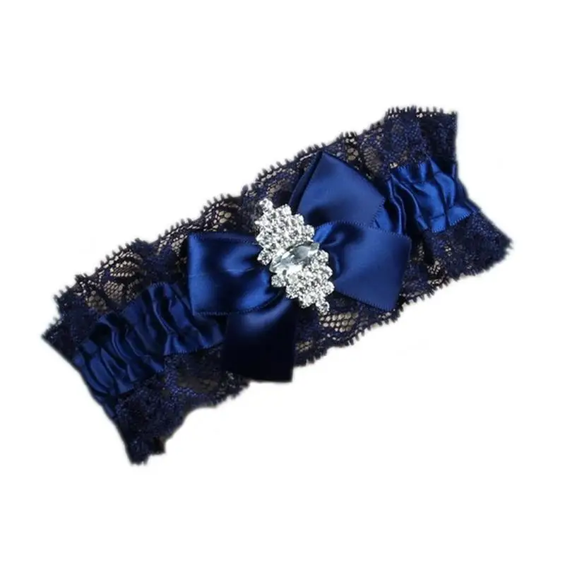 Navy Blue Wedding Garters Lace Floal Rhinestone Bowknot Leg Garter For Bridal Female Women Floral Lace Wedding Leg Garters