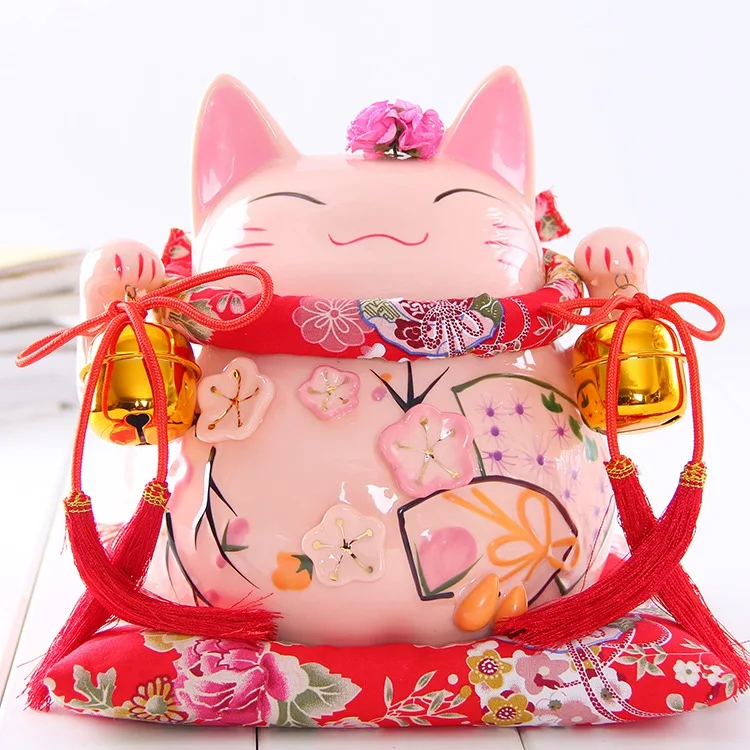 8 дюймов керамика Maneki Neko орнамент розовый белый lute дизайн Lucky Cat Копилка фигурка домашний декор Фортуна кошка с колокольчиком - Цвет: B